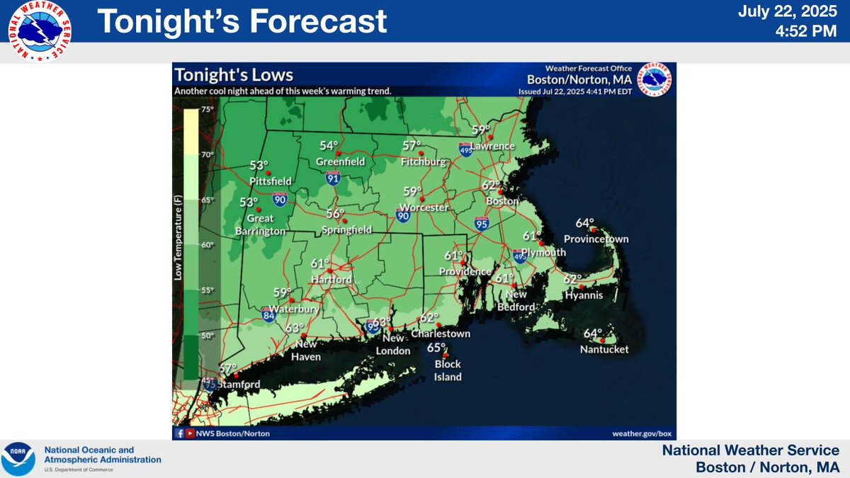 NWSBoston's tweet image. Another quiet and cool night ahead before a warming trend kicks in tomorrow, continuing through the end of the week. #MAwx #CTwx #RIwx