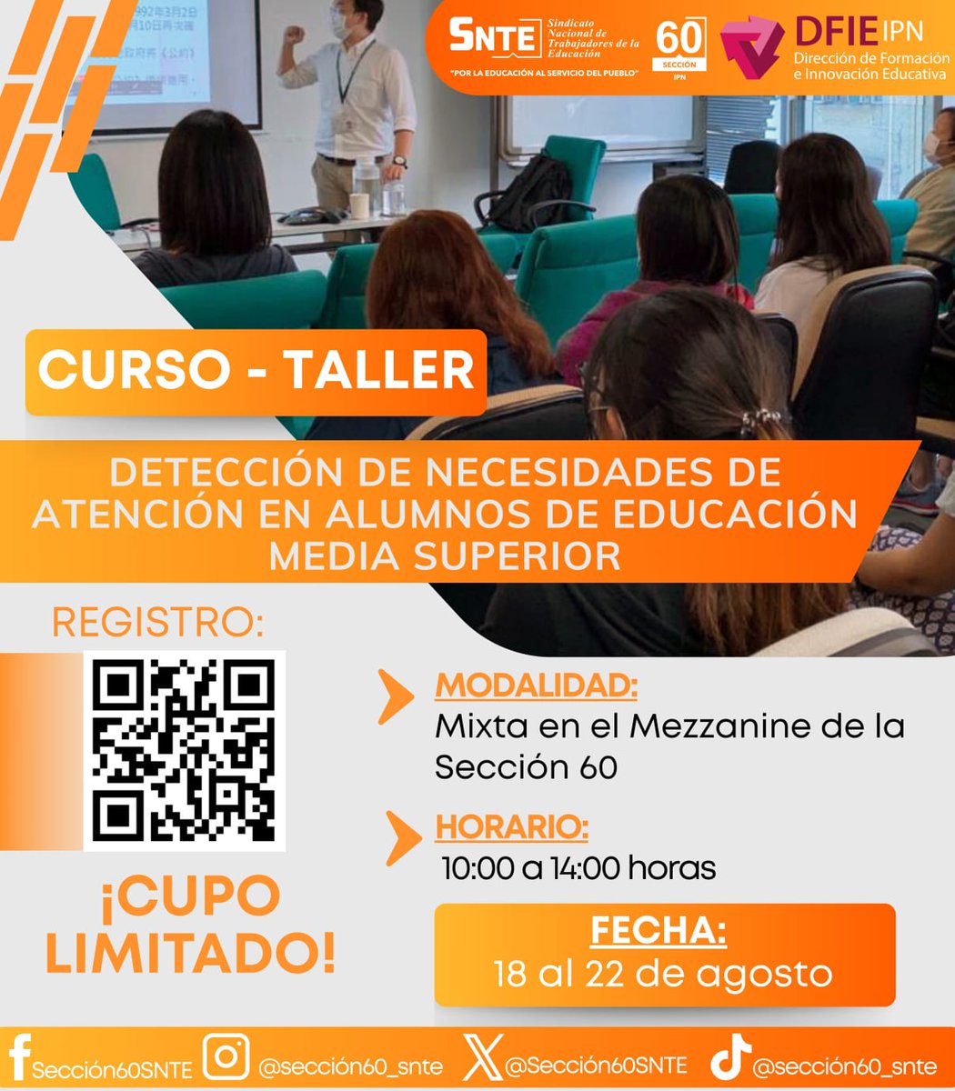 📢 ¡Capacítate este verano con los cursos que la Sección 60 del SNTE ha preparado para ti en coordinación con el IPN!

Del 18 al 22 de agosto, podrás fortalecer tus conocimientos y habilidades con las siguientes opciones:

🔹 Construye el futuro Web: Fundamentos de HTML5 Básico