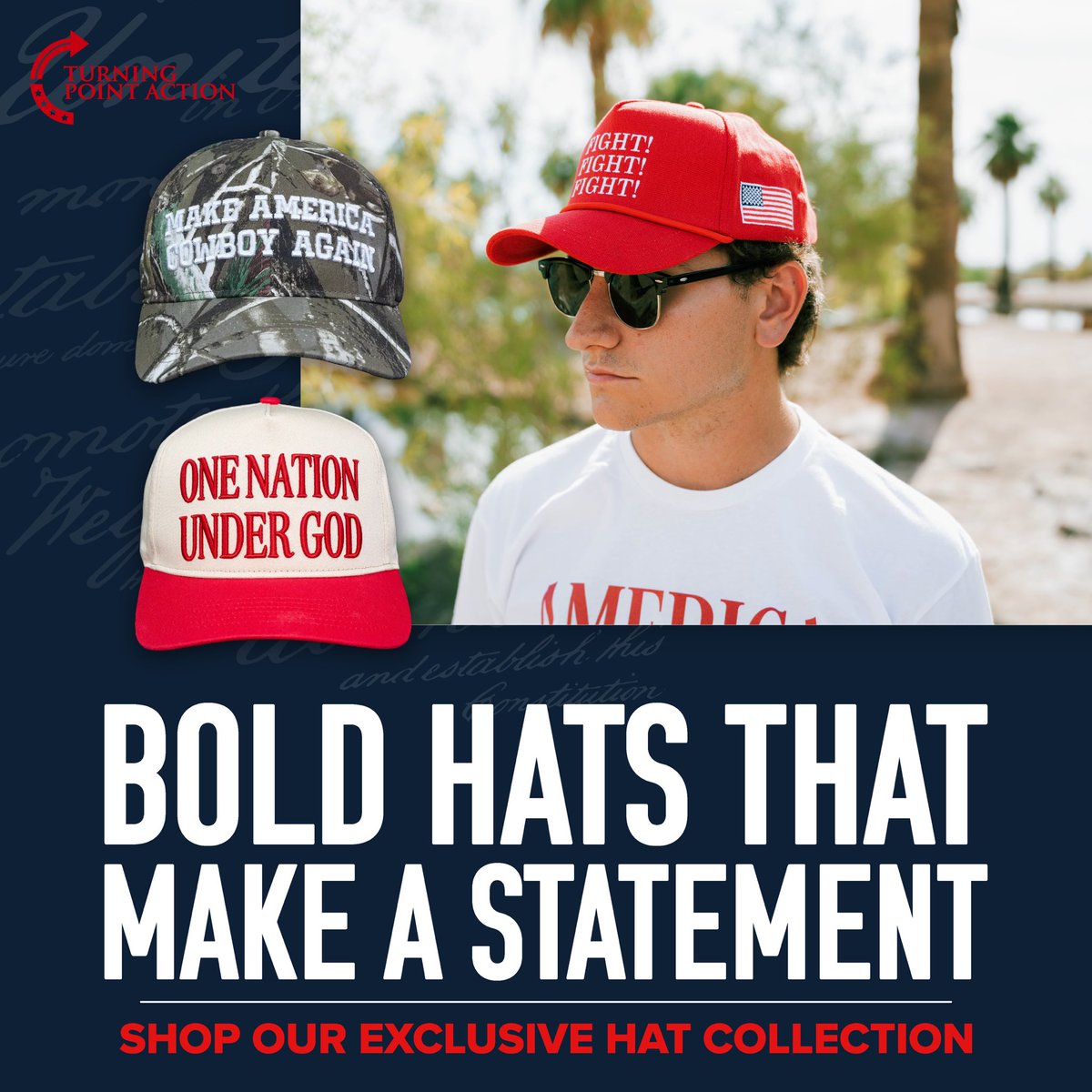 TPAction_'s tweet image. Heads up—freedom’s got a bold new look 🇺🇸🧢
Hats that make a statement without saying a word
Shop now 👉🏼 turningpoint.com/collections/ha…