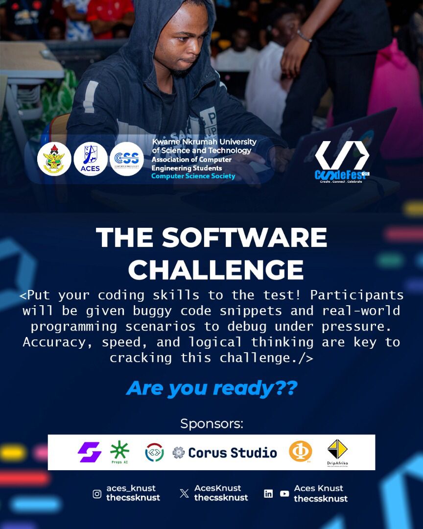 AcesKnust's tweet image. ๐ป Software Challenge | CodeFest โ25
Debug. Solve. Dominate. ๐ง ๐ฅโจ๏ธ
Ready to prove your coding chops under pressure?
The Software Challenge is where logic meets speed.
Dive into buggy code, tackle real-world scenarios, and debug your way to the top. ๐งฉโ๏ธ