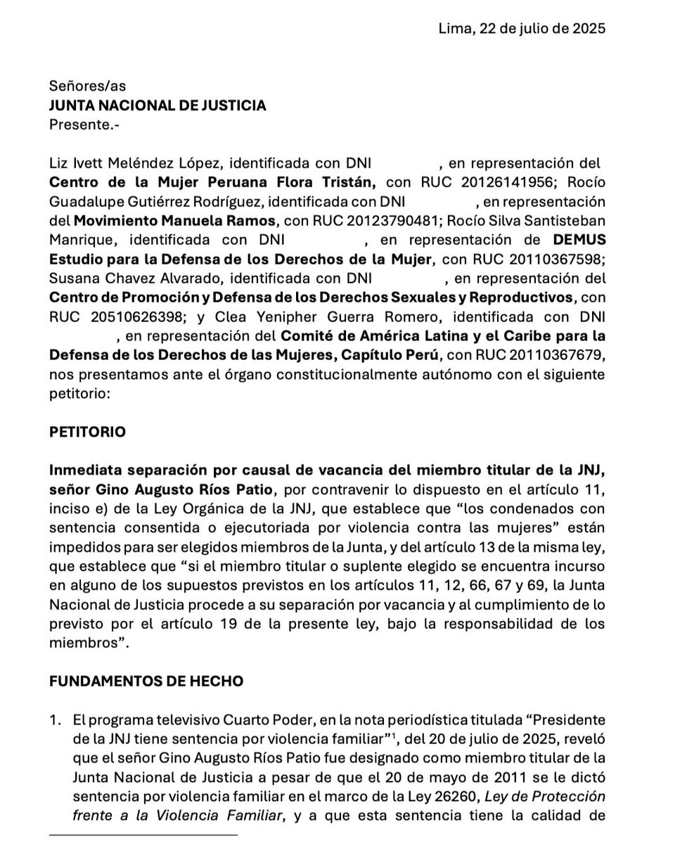 Epicentro_TV's tweet image. 🚨 Organizaciones feministas presentaron un escrito a la JNJ exigiendo la inmediata separación de su presidente, Gino Ríos, por su condena por violencia familiar. Señalan que vulnera el artículo 11 de la Ley Orgánica.