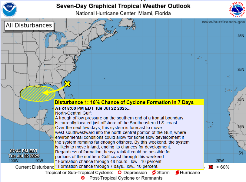 FloridaTropics1's tweet image. The NHC has just marked an area of low pressure off the SE coast with 10% development chances once it enters the Gulf later this week. Where have I seen this picture before? 🤣