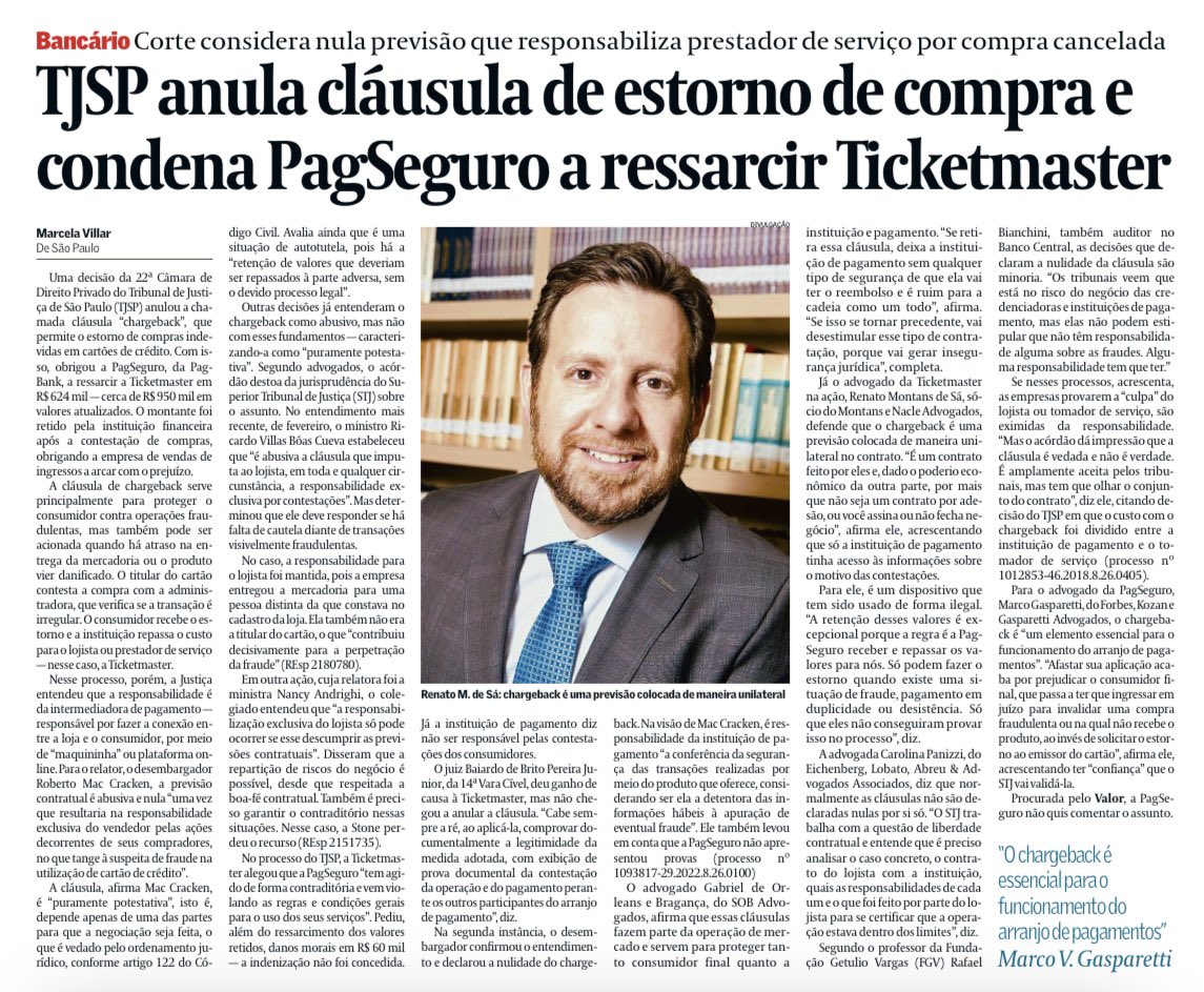 Rafael Bianchini Abreu Paiva (@bianchiniabreu) on Twitter photo Fui entrevistado pelo <a href="/valoreconomico/">Valor Econômico</a> sobre decisão do TJSP anulando cláusula de chargeback (não repasse ao lojista de compras contestadas ou anuladas). Embora não veja nada demais no mérito, o uso impreciso de conceitos jurídicos gerou enorme ruído no mercado Fui entrevistado pelo <a href="/valoreconomico/">Valor Econômico</a> sobre decisão do TJSP anulando cláusula de chargeback (não repasse ao lojista de compras contestadas ou anuladas). Embora não veja nada demais no mérito, o uso impreciso de conceitos jurídicos gerou enorme ruído no mercado