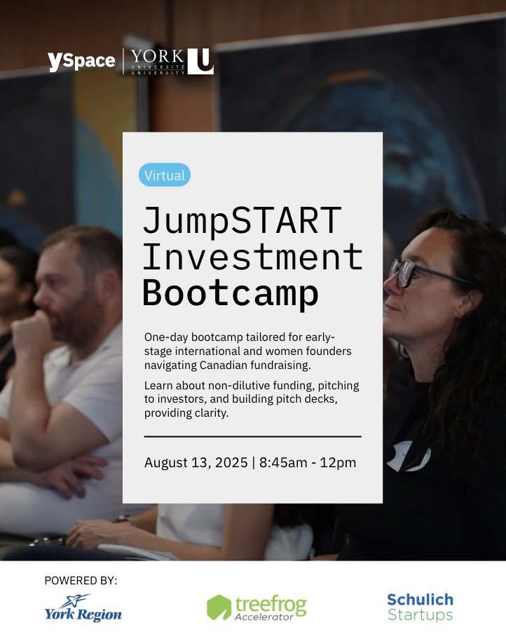 YSpaceYU's tweet image. Building something bold but unclear on fundraising?
The JumpSTART Investment Bootcamp is for early-stage women & international tech founders raising in Canada.
📍 Limited spots — RSVP now: eventbrite.com/e/jumpstart-in…
@tfaccelerator @YorkLink
#WomenInTech #YRTech #StartupSupport