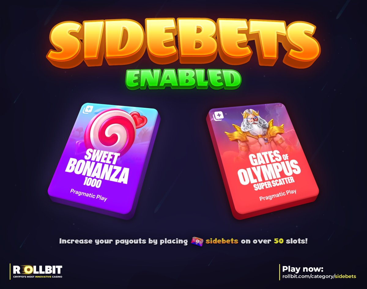 rollbit's tweet photo. We've enabled Sidebets on two of our most popular slots, allowing players to gamble on the outcome of their next spin or bonus buy!

🍭Sweet Bonanza 1000
🌩️Gates of Olympus Super Scatter

This unique feature can only be found on Rollbit! 🎰 https://t.co/UsRmNRTQo3