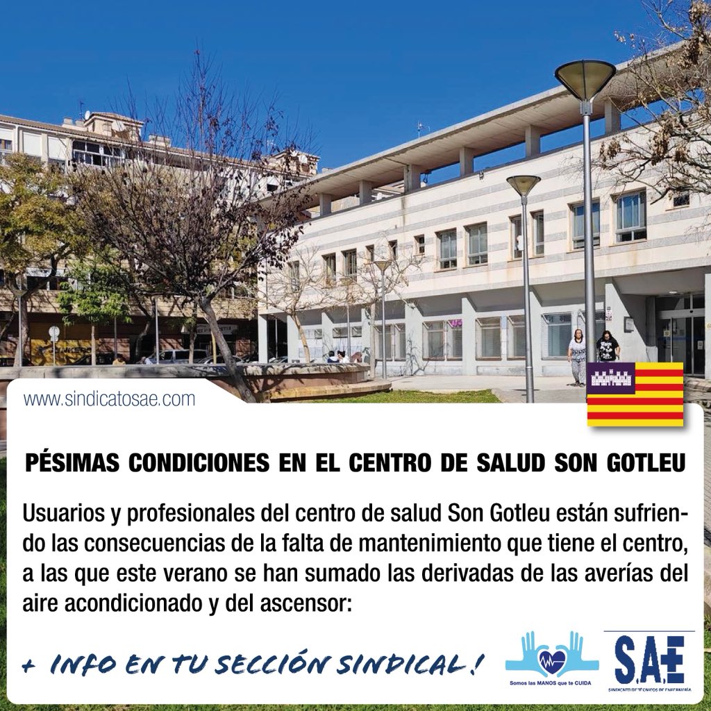📰 | Baleares, 22/07/25. 

📢 PÉSIMAS CONDICIONES EN EL CENTRO DE SALUD SON GOTLEU

🔗 sindicatosae.com/noticia?idnoti…
#SomosLasManosQueTeCuidan