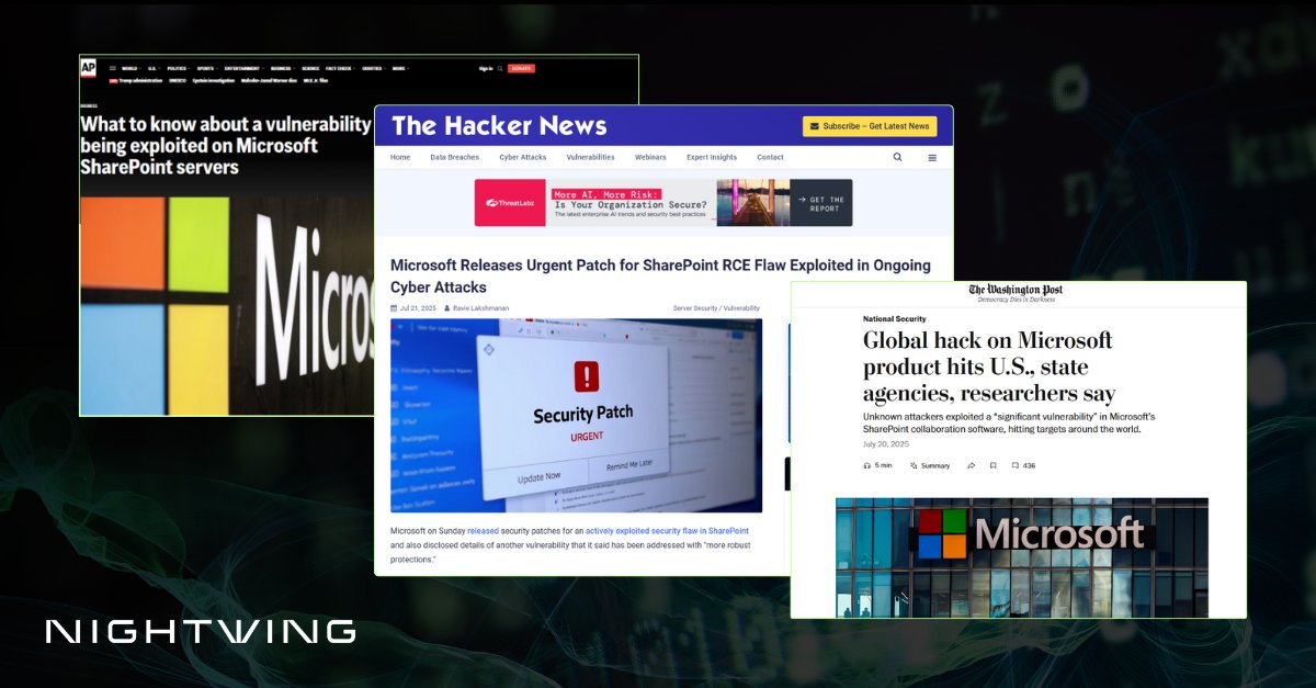 Nightwing_usa's tweet image. Nightwing’s ShadowScout Threat Intelligence and Threat Hunting service blocked attempts against #MicrosoftSharePoint servers related to the recently patched vulnerability.
Need help with recovery or boosting threat detection? We’ve got you covered.🔗 nightwing.com/contact-us