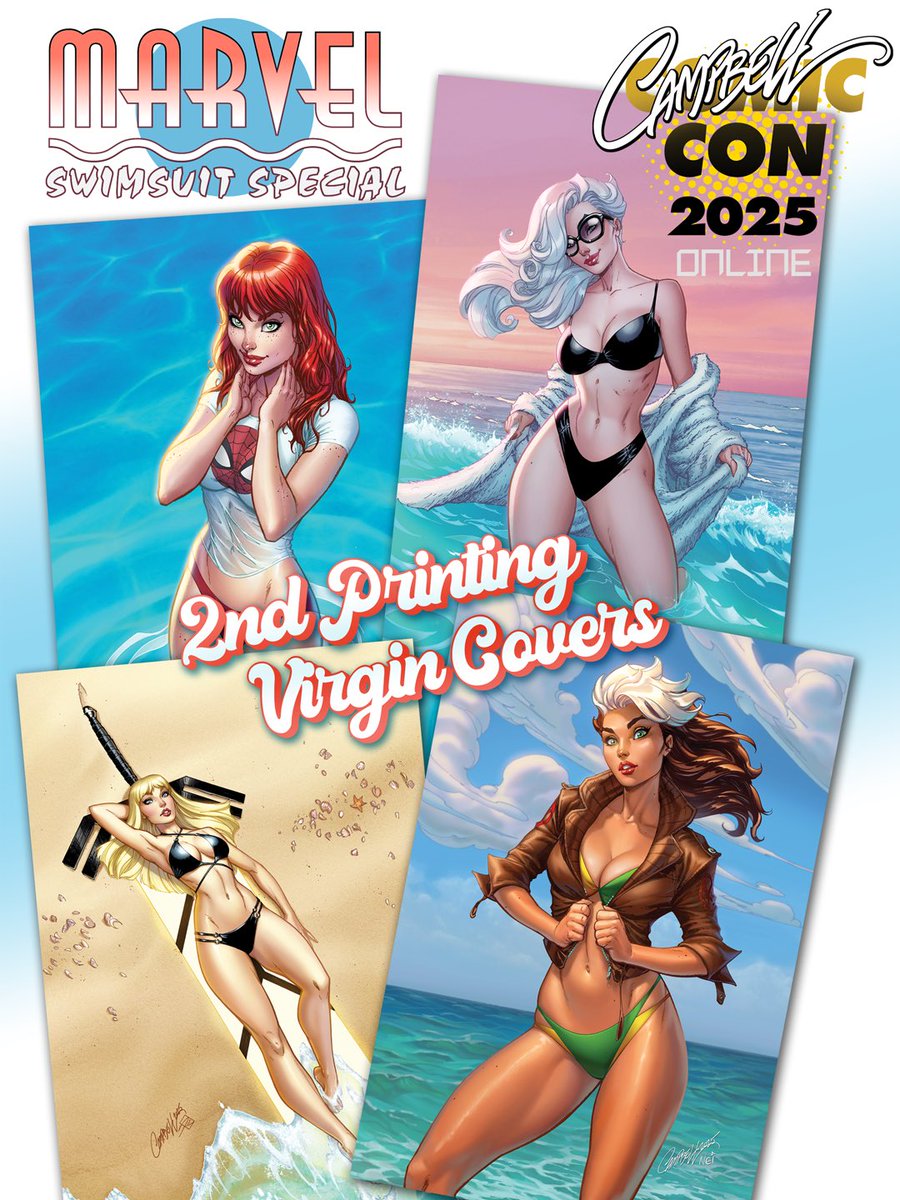 JScottCampbell's tweet image. 🌴👙🏝️ Announcing one more surprise drop for CAMPBELL CON 2025! Going on sale tomorrow (Wednesday) evening 7•23•2025 at 5:00 pm PT at jscottcampbell.com Back by popular demand; The #MarvelSwimsuitSpecial - 2nd Printing - Virgin Covers!