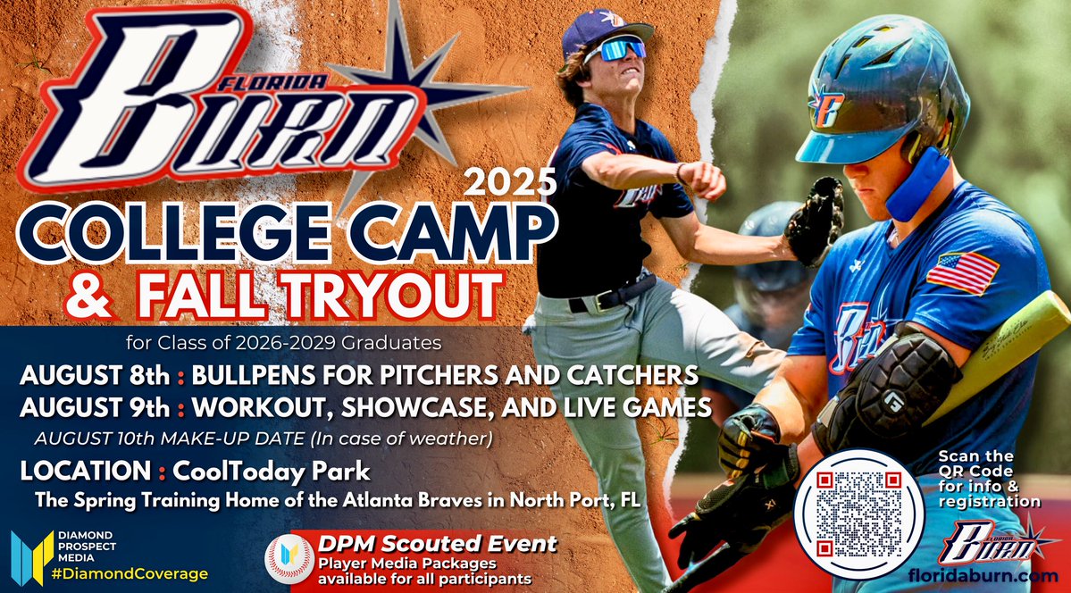 Diamond Prospect Media (@diamondpromedia) on Twitter photo We’ll be in attendance for the <a href="/FloridaBurn/">Florida Burn</a> 2025 College Camp and Fall Tryout from Aug. 8-9th at <a href="/cooltodaypark/">CoolToday Park</a>. Along with live coverage throughout the event and post-event content, we’ll be offering player media packages to all participants. Details here diamondprospectmedia.com/eventsignups/b… We’ll be in attendance for the <a href="/FloridaBurn/">Florida Burn</a> 2025 College Camp and Fall Tryout from Aug. 8-9th at <a href="/cooltodaypark/">CoolToday Park</a>. Along with live coverage throughout the event and post-event content, we’ll be offering player media packages to all participants. Details here diamondprospectmedia.com/eventsignups/b…