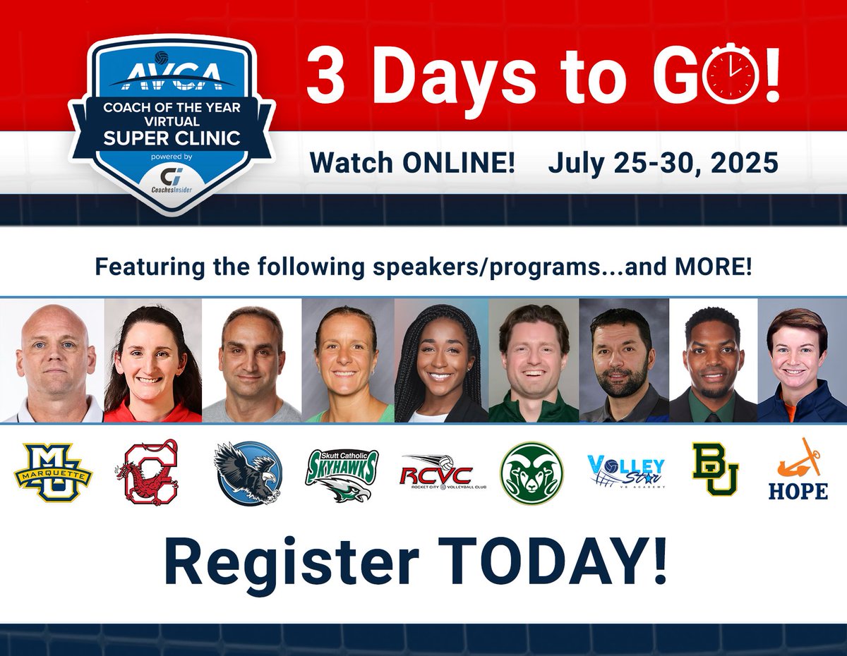 AVCAVolleyball's tweet image. ⏰Time is Running Out! ⏰
Only three days until the 2025 AVCA Coach of the Year Super Clinic begins! Don't miss out on this great opportunity to learn from the many outstanding coaches who will be presenting.
Register: avca25.coachesinsider.com
#WeAreAVCA
