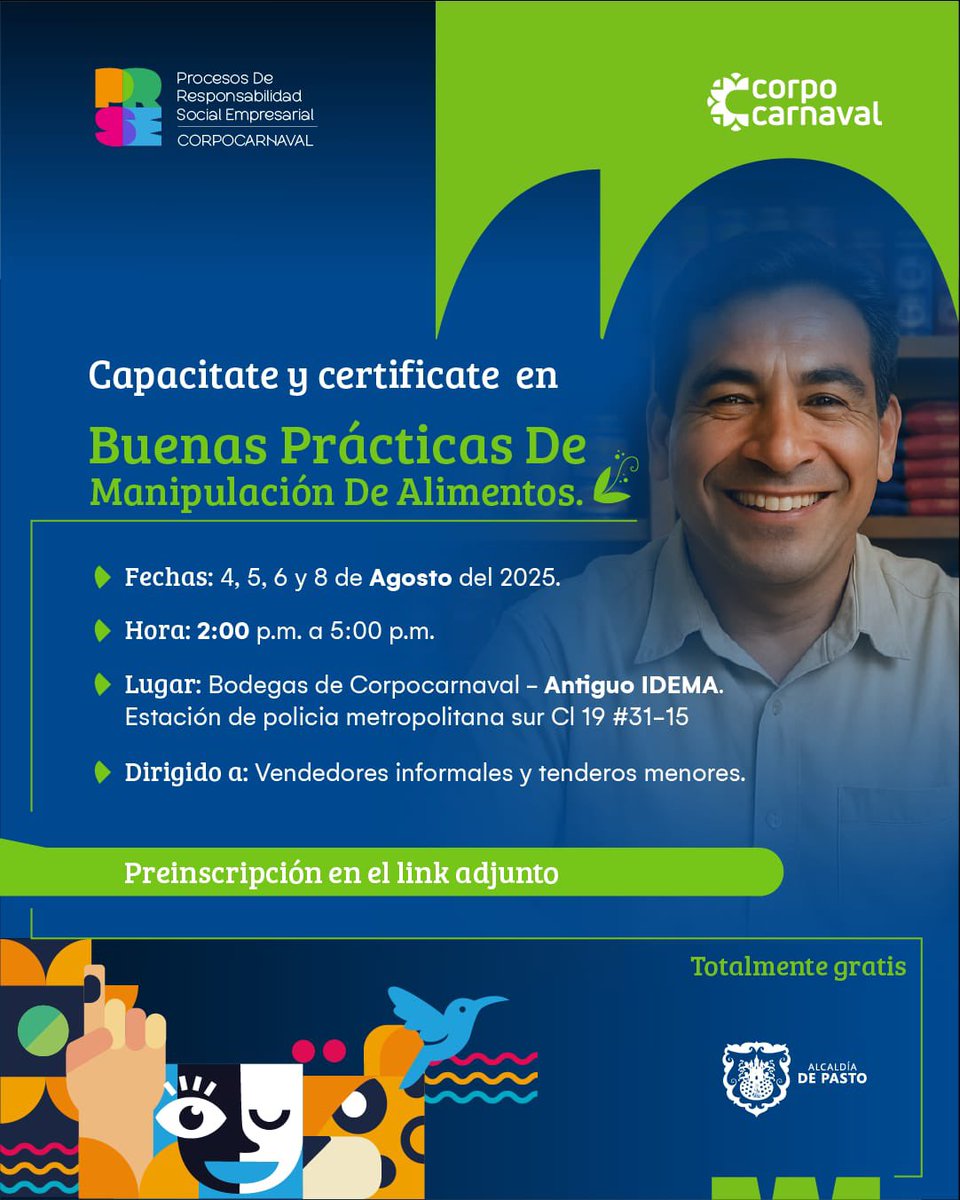 📝 Desde Corpocarnaval y la Alcaldía de Pasto te invitamos a certificarte en manipulación de alimentos.
📚 Incluye capacitación previa y reconocimiento de tus competencias. 👵
📝 Inscríbete llenando el formulario: forms.gle/6K1gpgmMp5gibk…