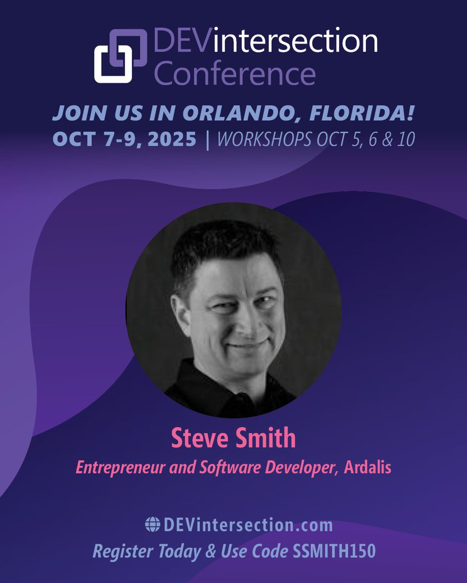 DEVintersection Conference (@devintersection) on Twitter photo Steve Smith (<a href="/ardalis/">@ardalis.com on BlueSky</a>), ASP.NET MVP and founder of Ardalis, is speaking at DEVintersection. He helps teams deliver high-quality software fast, with deep expertise in architecture and design patterns.
Meet him in Orlando this October.
Register: Steve Smith (<a href="/ardalis/">@ardalis.com on BlueSky</a>), ASP.NET MVP and founder of Ardalis, is speaking at DEVintersection. He helps teams deliver high-quality software fast, with deep expertise in architecture and design patterns.
Meet him in Orlando this October.
Register: