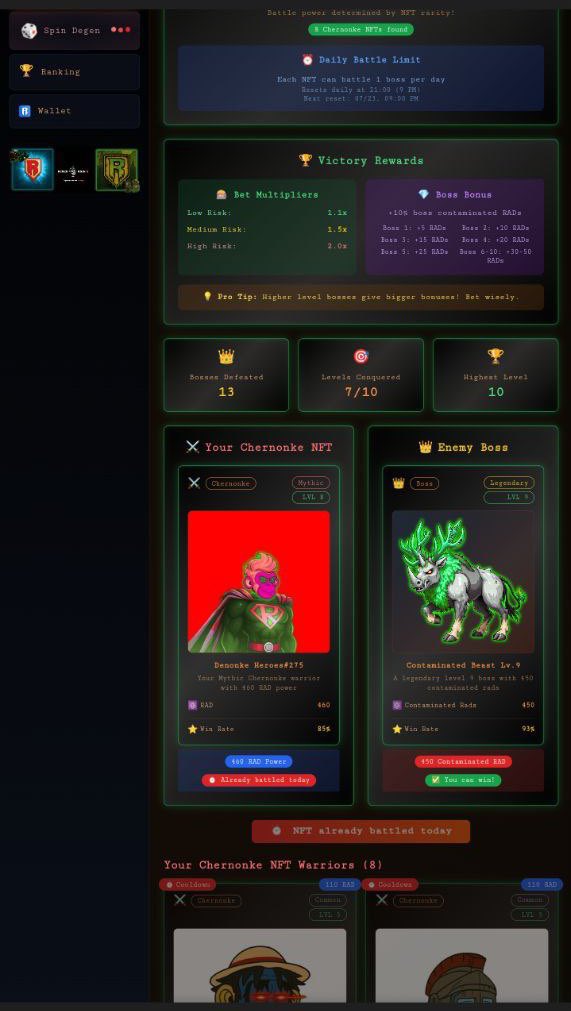So <a href="/DegenRoninX/">DegenRoninX</a> just kicked off season 2 

You can now farm with Chernonke and Denonke heroes

And we have the “Spin Degen” and “Battle” section 

Now let the radiation continue 🖤🦸🔥
