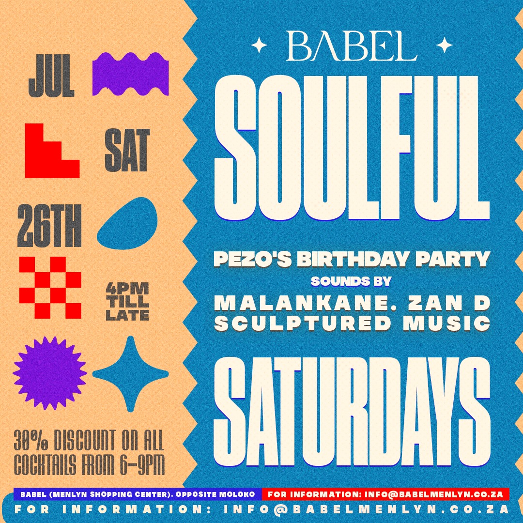 Sensual_Sundays's tweet photo. Join us this Saturday at @babel_menlyn for a birthday celebration like no other! 🎂✨

🔥 Featuring: @sculpturedmusik - @DjZanD - @DJMalankane - @PezoSA 

🕓 From 4PM | 🎟 Free Entrance
🍹 30% Off Cocktails from 6–9PM
Pull up &amp; let's vibe! 🥳🎶 #BirthdayTurnUp #BabelMenlyn https://t.co/2qmcP1N1TB