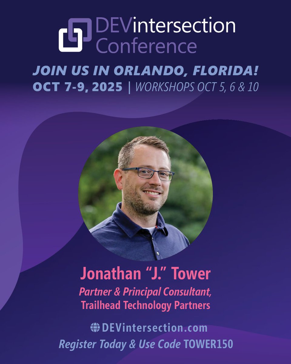 DEVintersection Conference (@devintersection) on Twitter photo Jonathan “J.” Tower (<a href="/JonathanTower/">Jonathan Tower</a>), Microsoft MVP and founding partner at Trailhead Technology Partners, is speaking at DEVintersection. He’s known for building scalable .NET solutions and growing developer communities.
Meet him in Orlando this October. Register: Jonathan “J.” Tower (<a href="/JonathanTower/">Jonathan Tower</a>), Microsoft MVP and founding partner at Trailhead Technology Partners, is speaking at DEVintersection. He’s known for building scalable .NET solutions and growing developer communities.
Meet him in Orlando this October. Register: