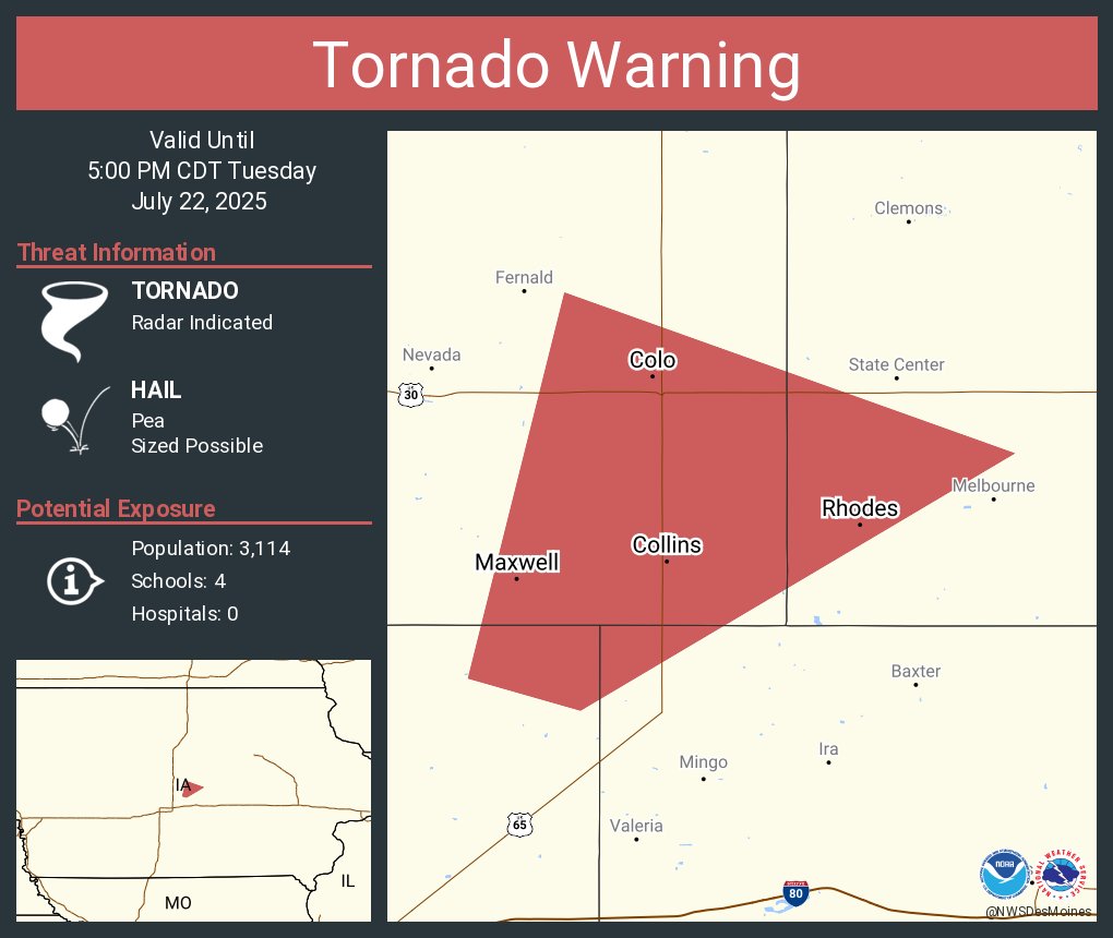NWSDesMoines's tweet image. Tornado Warning including Maxwell IA, Colo IA and Collins IA until 5:00 PM CDT