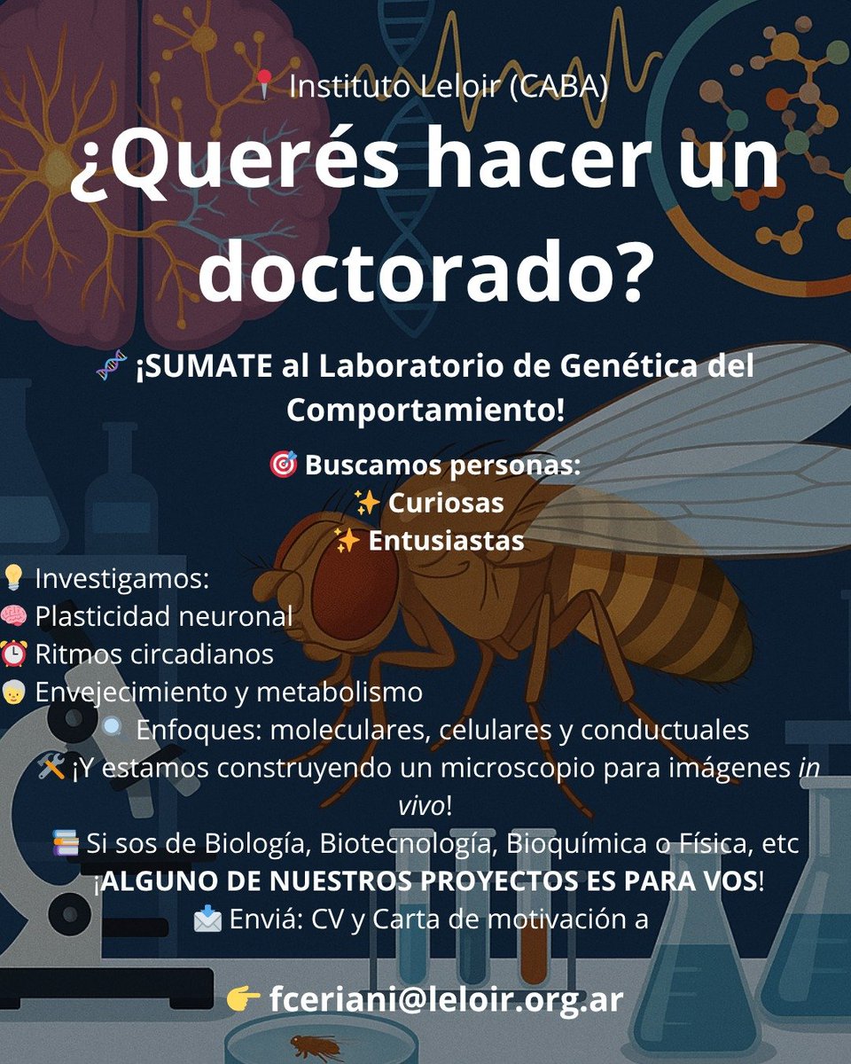 Ayuda con la difusión!
Buscamos personas interesadas en hacer un doctorado CONICET en un proyecto interdisciplinario, desarollando microscopios ópticos para adquirir imágenes neuronales en animales vivos.
Más info del proyecto en el flyer y el hilo abajo...
 <a href="/leloir/">Instituto Leloir</a>