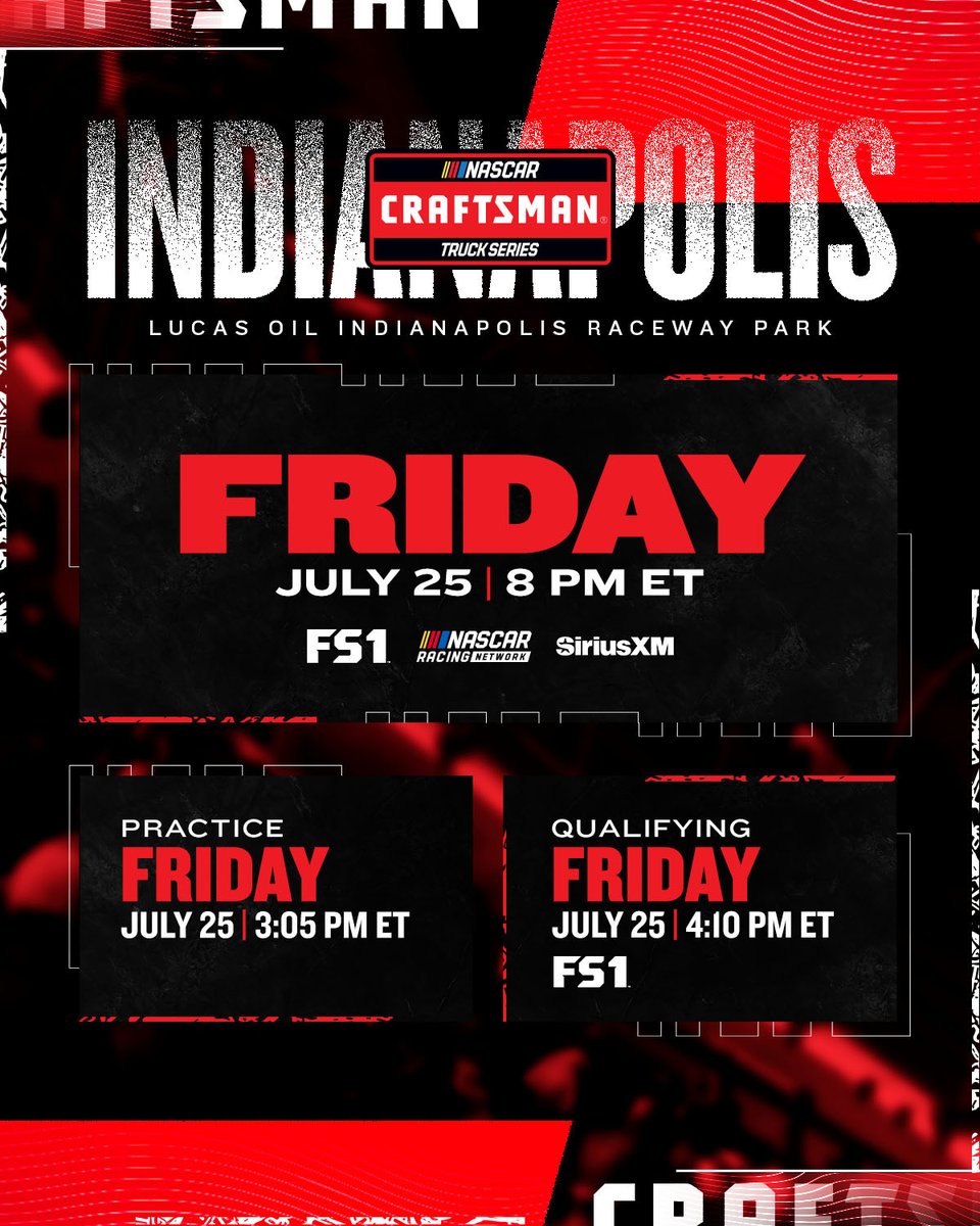 NASCAR CRAFTSMAN Trucks (@nascar_trucks) on Twitter photo Time to hit the road with our Truckers at <a href="/RaceIRP/">Lucas Oil Indianapolis Raceway Park</a>.
FRIDAY | 8 p.m. ET | FS1 Time to hit the road with our Truckers at <a href="/RaceIRP/">Lucas Oil Indianapolis Raceway Park</a>.
FRIDAY | 8 p.m. ET | FS1