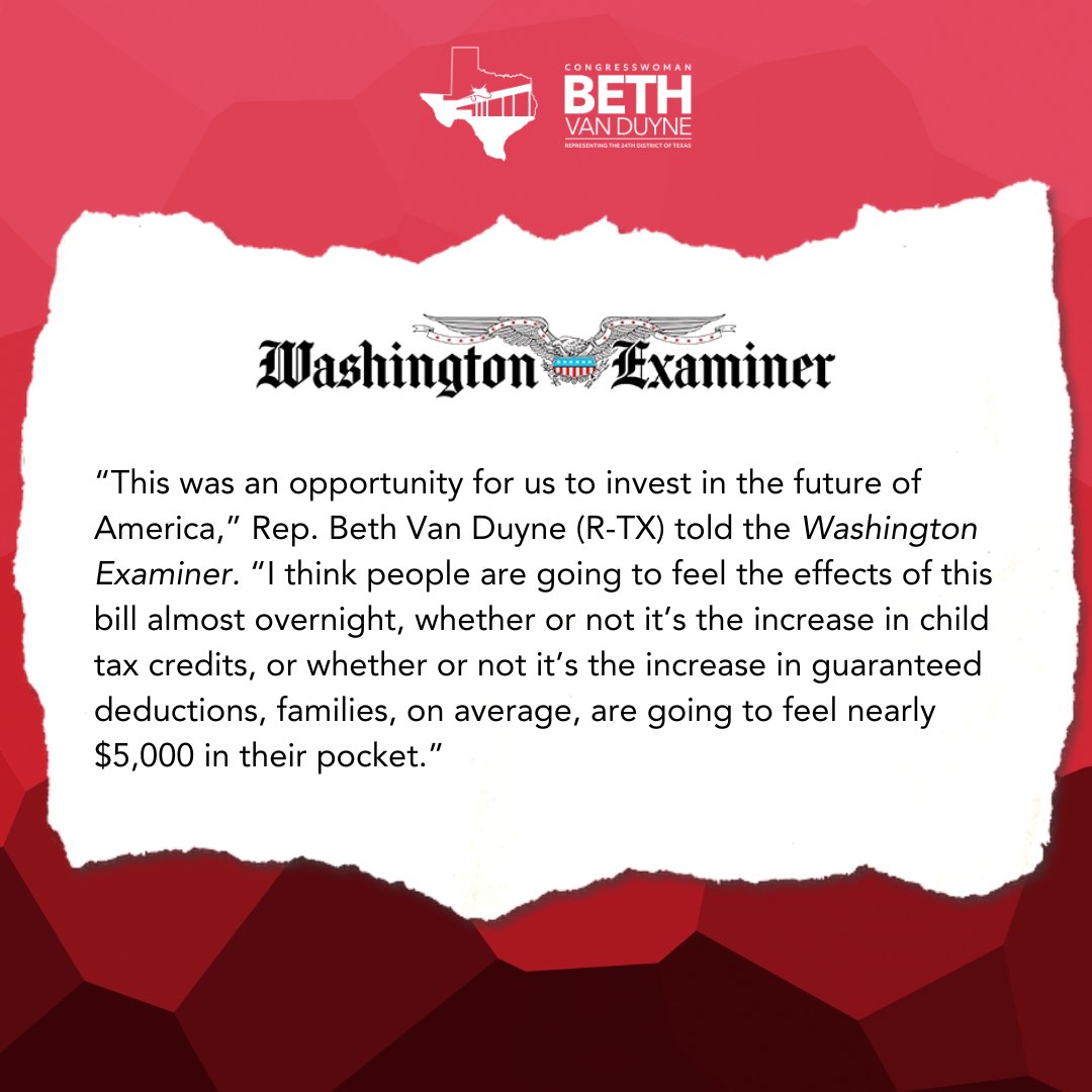 RepBethVanDuyne's tweet image. As I shared with the @dcexaminer, the One Big Beautiful Bill was our opportunity to invest in the future of America. We are investing in working families, seniors, and small businesses.