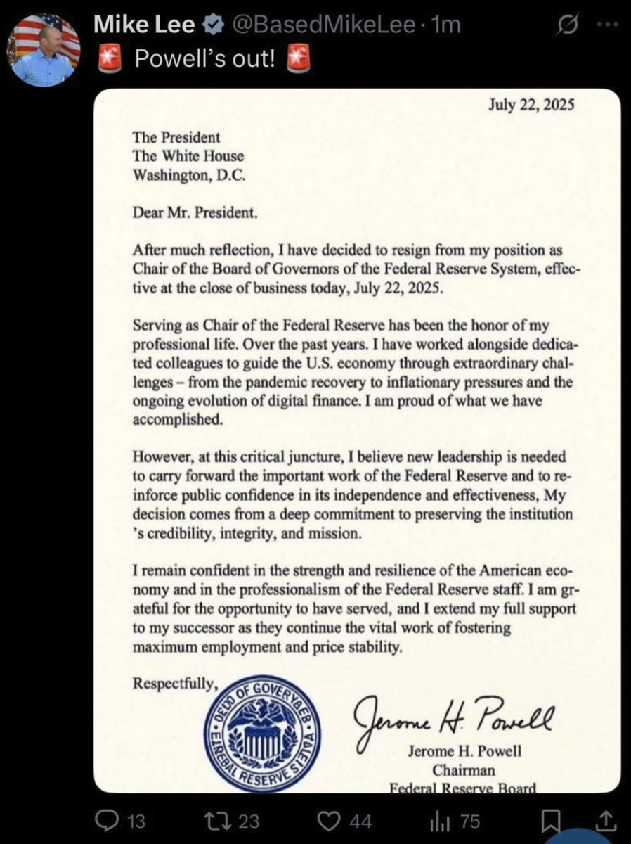 Tara Devlin 🇺🇦❤️💪 (@realtaradevlin) on Twitter photo In another example of how dumb AF and easily played MAGAts are, here’s Mike Lee (a particularly dumb AF MAGAt) celebrating a fake Jerome Powell resignation letter.
You see, taking a moment to double-check sh*t you harvest from a Russian bot-infested social media platform—which In another example of how dumb AF and easily played MAGAts are, here’s Mike Lee (a particularly dumb AF MAGAt) celebrating a fake Jerome Powell resignation letter.
You see, taking a moment to double-check sh*t you harvest from a Russian bot-infested social media platform—which