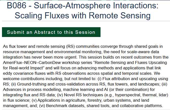 YujieLiu_'s tweet photo. 📷 AGU25: Call for abstract for Surface-Atmosphere Interactions: 
B084 - Flux Measurements for Real-World Impact
B085 - From Single Flux Measurements to Integrated Synthesis
B086 - Scaling Fluxes with Remote Sensing https://t.co/Trbly08Ffs