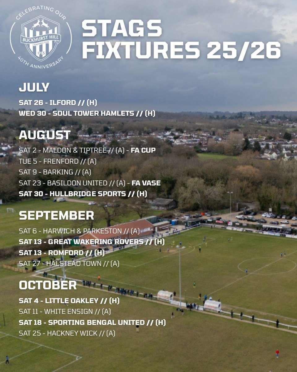 buckhursthillfc's tweet photo. 𝟮𝟱/𝟮𝟲 @EssexSenior 𝗙𝗜𝗫𝗧𝗨𝗥𝗘𝗦 🗓️
We are pleased to confirm our League Fixtures for the 25/26 season ✅

🥊 A Festive Derby
🤝 Some New Faces
🔥 A big game to end it all

Which game are you most excited for, Stags Fans ? 🤷‍♂️

#COYSTAGS // *Fixtures are subject to change https://t.co/lmL0Qhe7RP