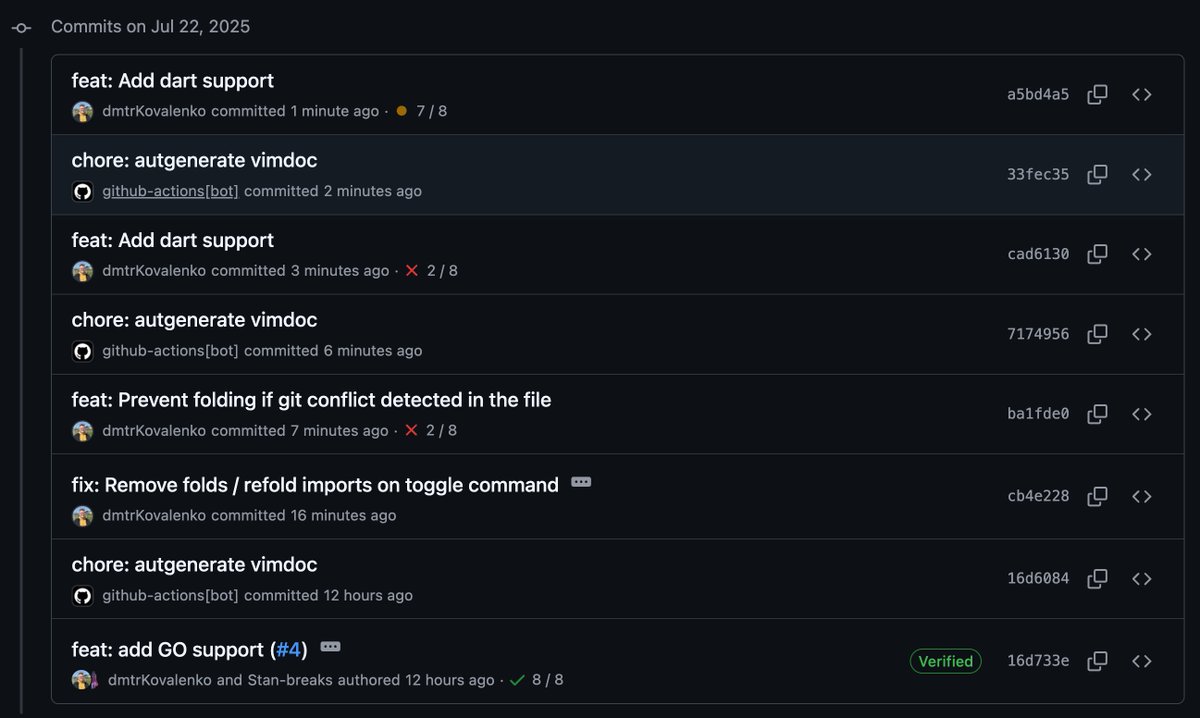 neogoose_btw's tweet image. In one day we got 3 people contributed to the fold-imports.nvim and brought:
1. Support for dart and go
2. 2 bugfixes reported and fixed
3. My brilliant idea of detecting git conflicts and disabled folding was implemeted by majestic me