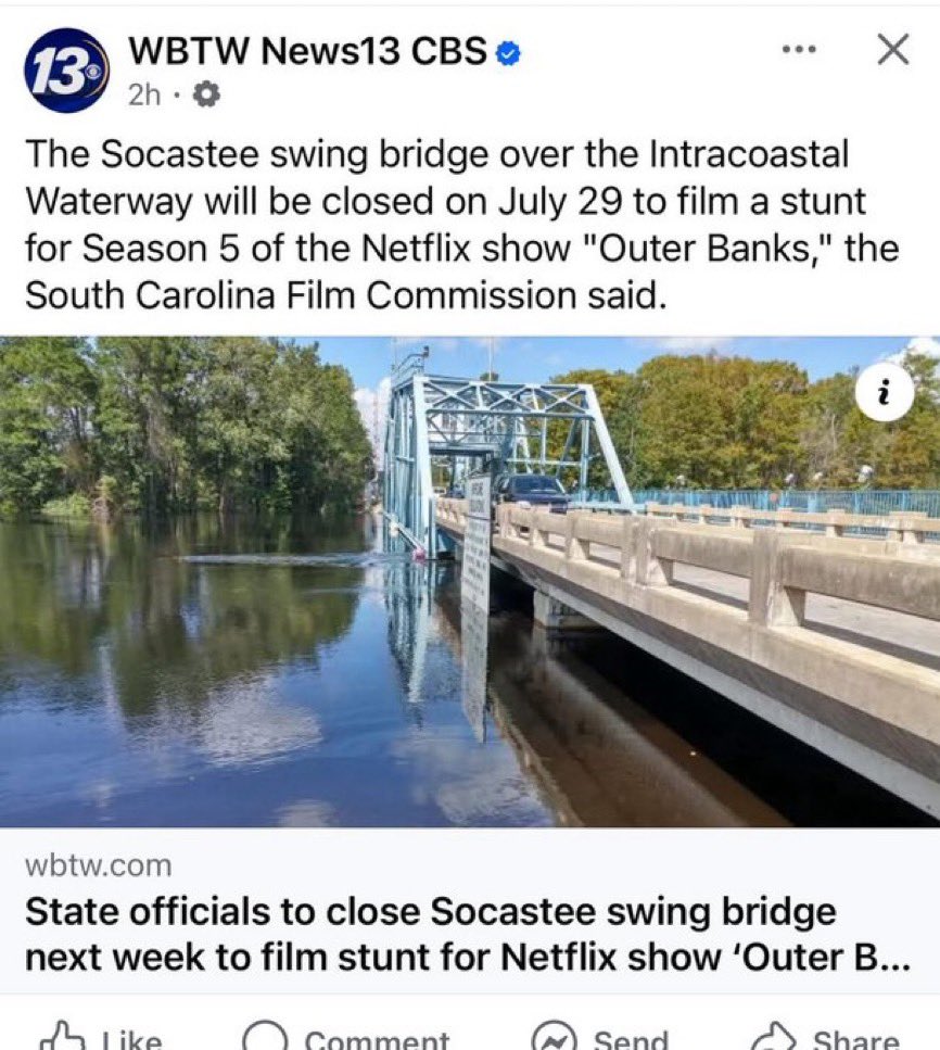 outerbanksupd's tweet image. The socastee swing bridge over the Intracoastal Waterway will be closed on july 29 to film a stunt for season 5 of outer banks