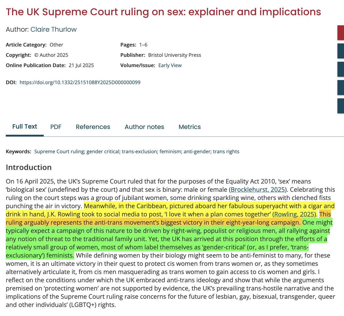 SwipeWright's tweet image. The author of this new paper in the European Journal of Politics and Gender both furious and baffled by the success of the UK's gender critical feminist movement.
Apparently @jk_rowling's celebratory cigar and cocktail on her "fabulous superyacht" was particularly triggering.😂