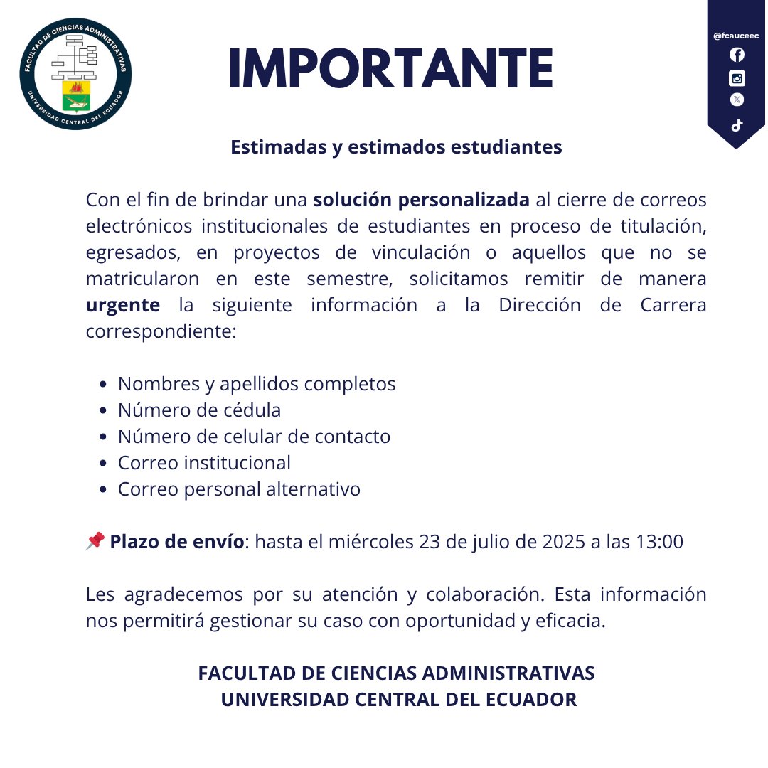 Facultad de Ciencias Admistrativas - UCE (@fcauceec) on Twitter photo 📌 ¿Tienes problemas con tu correo institucional?
Tu carrera te ayudará a gestionar el acceso
✅Carrera Administración de Empresas: fca.dcae@uce.edu.ec
✅Carrera Administración Pública: fca.cap@uce.edu.ec
✅Carrera Contabilidad y Auditoría: fca.dcca@uce.edu.ec 📌 ¿Tienes problemas con tu correo institucional?
Tu carrera te ayudará a gestionar el acceso
✅Carrera Administración de Empresas: fca.dcae@uce.edu.ec
✅Carrera Administración Pública: fca.cap@uce.edu.ec
✅Carrera Contabilidad y Auditoría: fca.dcca@uce.edu.ec