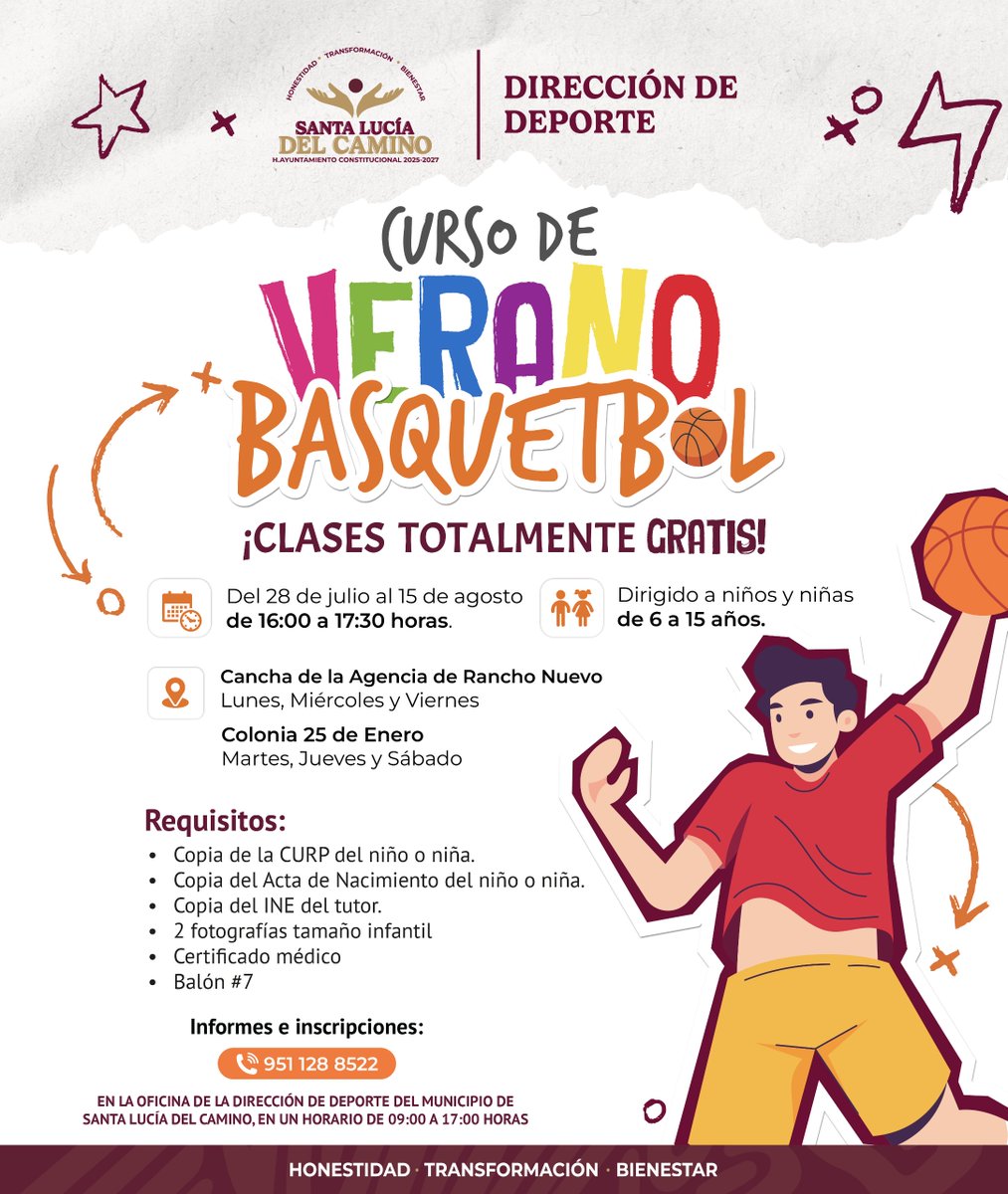 H. Ayuntamiento de Santa Lucía del Camino (@santalucia_ayto) on Twitter photo 🏀 ¡Ven y aprende a jugar basquetbol este verano!
El Presidente Municipal Juan Carlos García Márquez (<a href="/JC_GMarquez/">Juan Carlos García Márquez</a>) te invita a participar en nuestro Curso de Verano, totalmente ¡GRATUITO!
👧🧒 Dirigido a niñas y niños de 6 a 15 años
ℹ️ Informes: al 📞 951 128 8522 🏀 ¡Ven y aprende a jugar basquetbol este verano!
El Presidente Municipal Juan Carlos García Márquez (<a href="/JC_GMarquez/">Juan Carlos García Márquez</a>) te invita a participar en nuestro Curso de Verano, totalmente ¡GRATUITO!
👧🧒 Dirigido a niñas y niños de 6 a 15 años
ℹ️ Informes: al 📞 951 128 8522