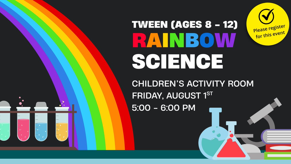 Get ready for colorful fun! 🌈

Join us for Rainbow  Science—hands-on experiments and cool demos exploring the science of  color. Space is limited, so please register. Best for ages 8 - 12. Can’t make it? Call to cancel to free up seats!

scottcounty.librarycalendar.com/event/tween-ra…