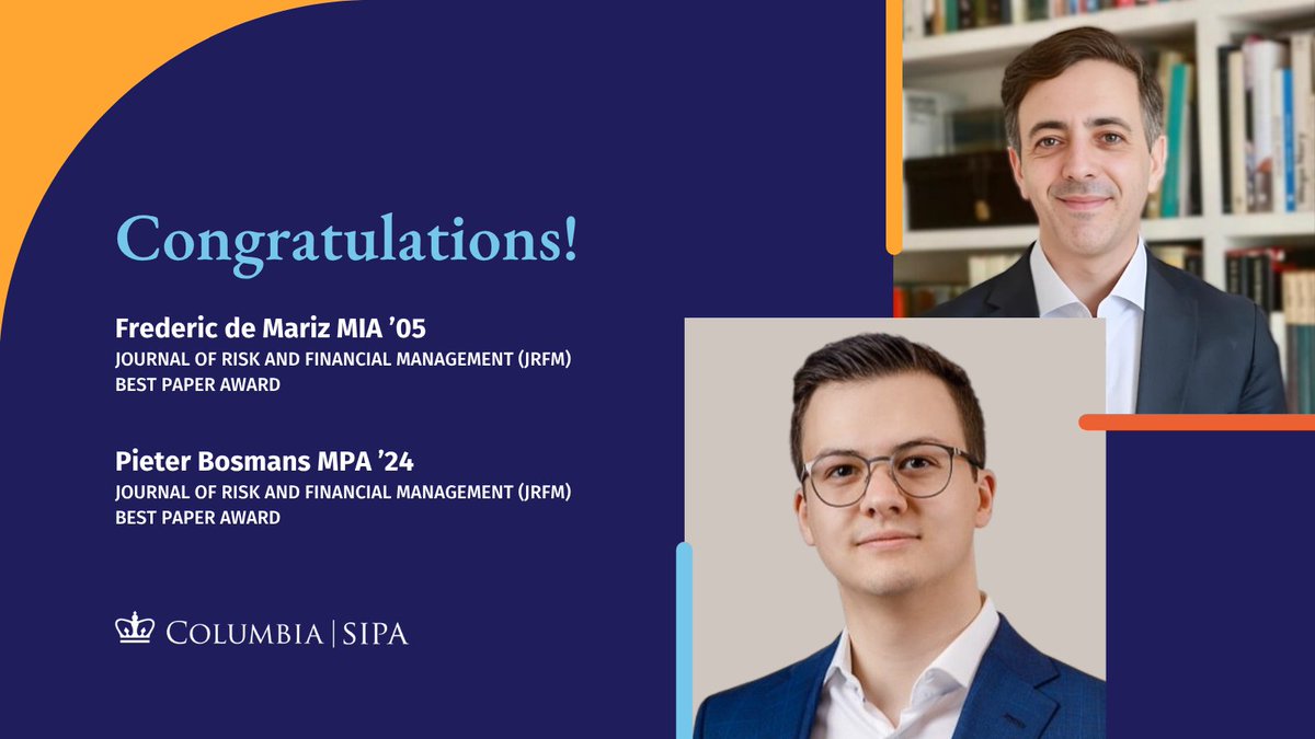 ColumbiaSIPA's tweet image. Congratulations to Pieter Bosmans MPA ’24 and adjunct professor Frederic de Mariz MIA ’05 for winning the Journal of Risk and Financial Management's (JRFM) Best Paper Award for their paper: The Blue Bond Market: A Catalyst for Ocean and Water Financing.
Read it here:…