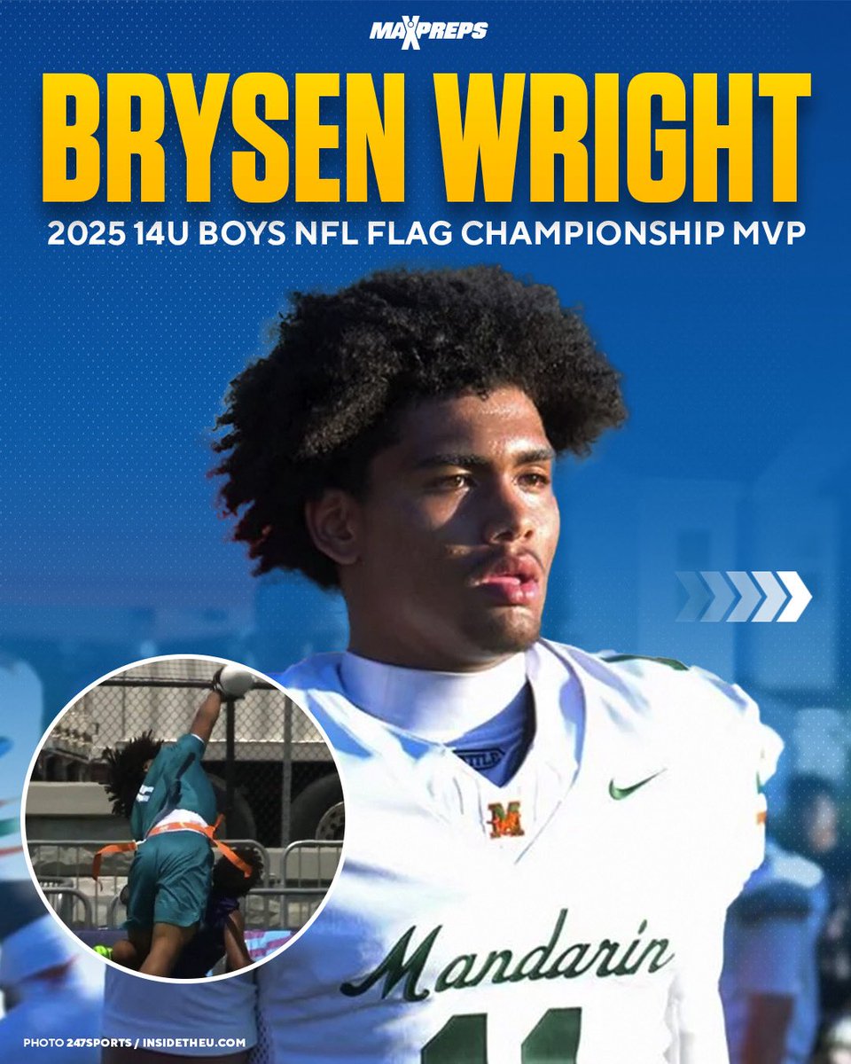 MaxPreps's tweet image. .@bfye904 isn’t just flag football star. As a freshman on varsity, Wright had 31 rec and 8 TD, averaging nearly 21 yards per catch.
Check out his MaxPreps player profile:
maxpreps.com/fl/jacksonvill…