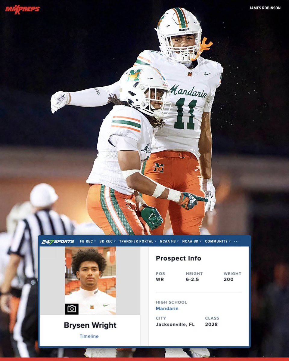 MaxPreps's tweet image. .@bfye904 isn’t just flag football star. As a freshman on varsity, Wright had 31 rec and 8 TD, averaging nearly 21 yards per catch.
Check out his MaxPreps player profile:
maxpreps.com/fl/jacksonvill…