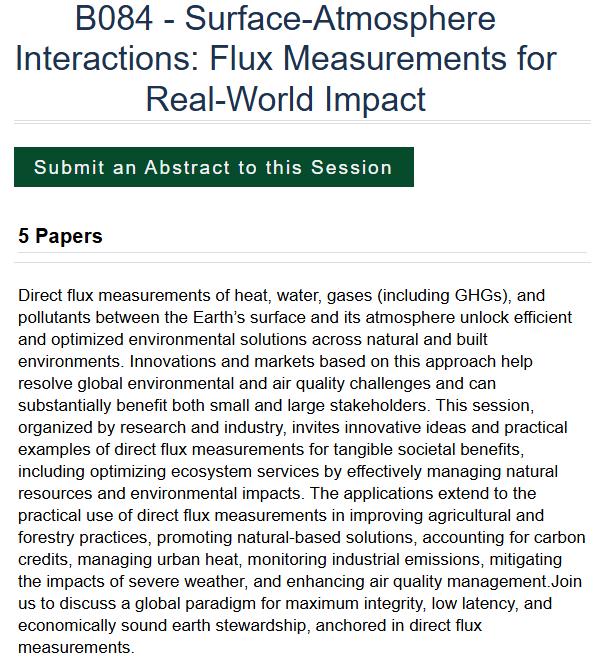 YujieLiu_'s tweet photo. 📷 AGU25: Call for abstract for Surface-Atmosphere Interactions: 
B084 - Flux Measurements for Real-World Impact
B085 - From Single Flux Measurements to Integrated Synthesis
B086 - Scaling Fluxes with Remote Sensing https://t.co/Trbly08Ffs