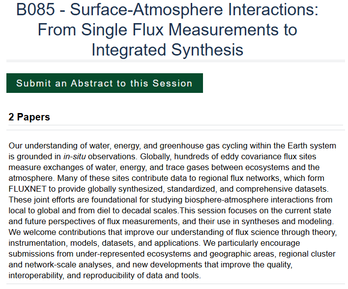 YujieLiu_'s tweet photo. 📷 AGU25: Call for abstract for Surface-Atmosphere Interactions: 
B084 - Flux Measurements for Real-World Impact
B085 - From Single Flux Measurements to Integrated Synthesis
B086 - Scaling Fluxes with Remote Sensing https://t.co/Trbly08Ffs