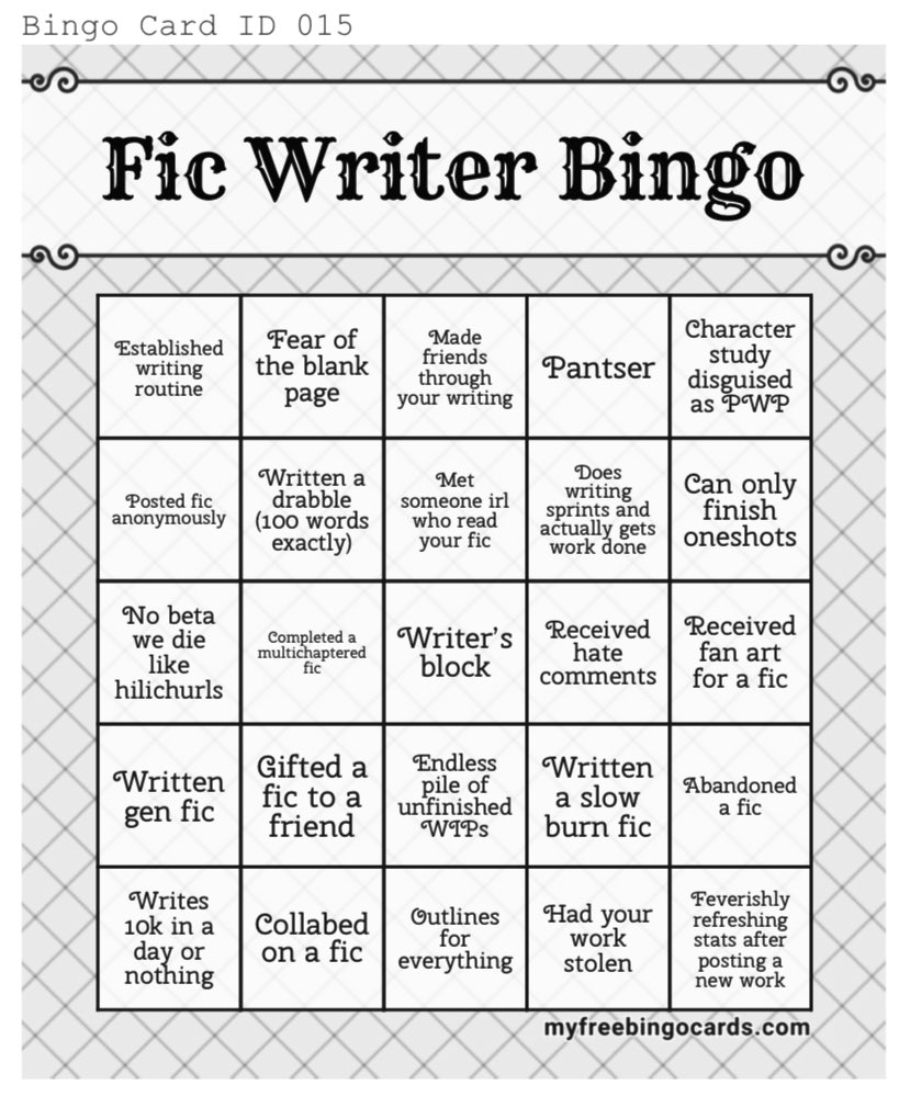 _lumielle's tweet image. I made a fic writer bingo because why not! No free space, but writer’s block is probably as close as it gets lol
Feel free to use (๑'ᵕ'๑)⸝*