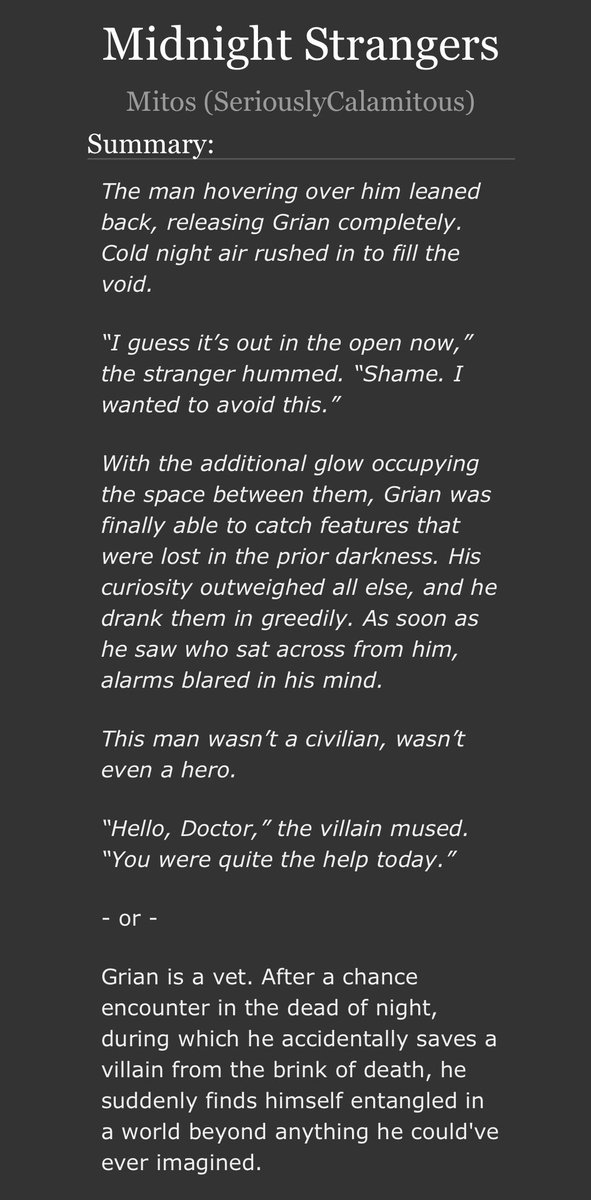 SeriouslyCalam's tweet image. HAPPY TUESDAY!! Here’s your prescribed weekly dose of 11.2K words!!
Title: Midnight Strangers
120K+ Words
10/13 Chapters
Supervillain/Civilian AU, Scarian
vv link below vv