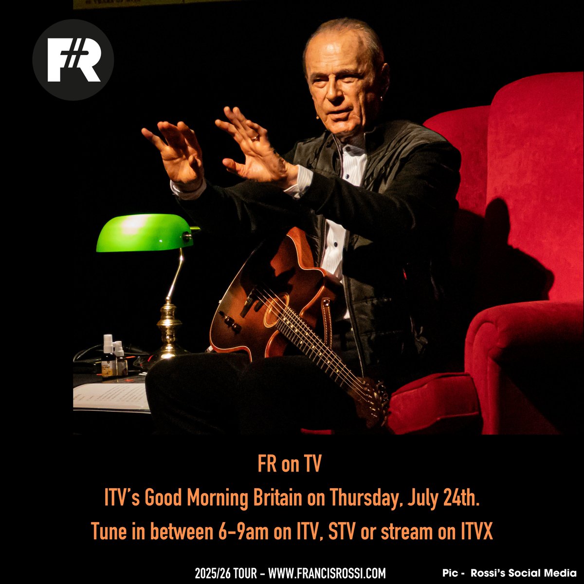 Francis will be on ITV’s <a href="/GMB/">Good Morning Britain</a> on Thursday, July 24th.

Tune in between 6-9am on <a href="/ITV/">ITV</a>, <a href="/WeAreSTV/">STV</a> or stream on <a href="/ITVX/">ITVX</a> 

#francisrossi #gomor #statusquo #songbook #GMB #goodmorningbritain #ITVX