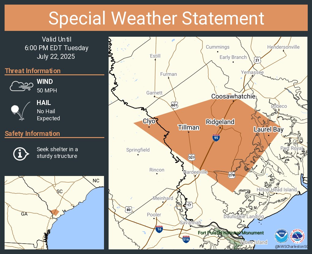 NWSCharlestonSC's tweet image. A special weather statement has been issued for Laurel Bay SC, Ridgeland SC and Clyo GA until 6:00 PM EDT