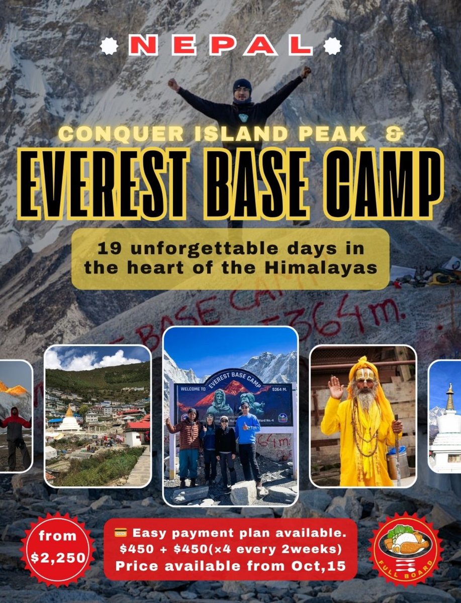 🔥 NEW! ISLAND PEAK CLIMBING WITH EBC! 🔥
Beyond Everest Base Camp, summit Island Peak! Explore Sherpa villages, ancient monasteries &amp; Sagarmatha National Park.
19 days, full board, 100% success rate!
Ready for the challenge? Learn more: miniurl.be/r-6bx2
#everestbasecamp