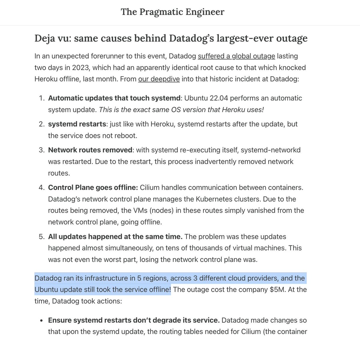 Pragmatic_Eng's tweet image. A very similar automatic systemd update on Ubuntu 22.04 caused the biggest-ever Datadog outage in March 2023.
In June 2025 it caused the biggest-ever Heroku outage.
Deja vu...
More in today's deepdive: newsletter.pragmaticengineer.com/p/why-reliabil…