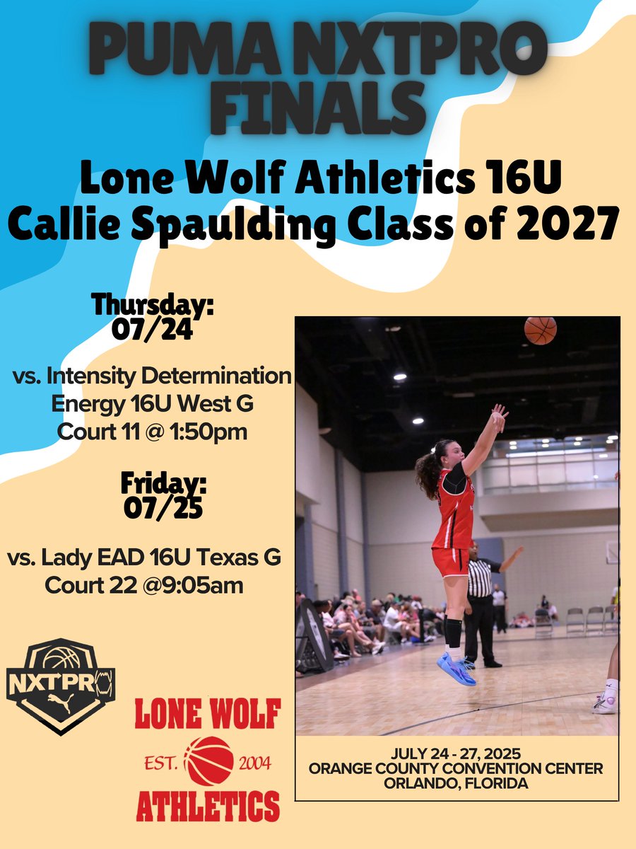 Callie Spaulding (@spauldingc23) on Twitter photo Thursday and Friday's game schedule in FL with <a href="/LWAVT/">Lone Wolf Athletics</a>. The last Puma NXTPro tournament of the summer! Thursday and Friday's game schedule in FL with <a href="/LWAVT/">Lone Wolf Athletics</a>. The last Puma NXTPro tournament of the summer!