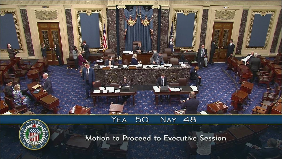 CraigCaplan's tweet photo. 50-48: Senate voted to begin debate on President Trump’s nomination of his former defense attorney Emil Bove to a lifetime appointment on the Third Circuit Court of Appeals. Murkowski (R-AK) voted No with all Democrats. Rs McConnell and Mullin did not vote. Thune then filed cloture, setting up a floor vote for as early as Thursday to advance Bove's nomination.