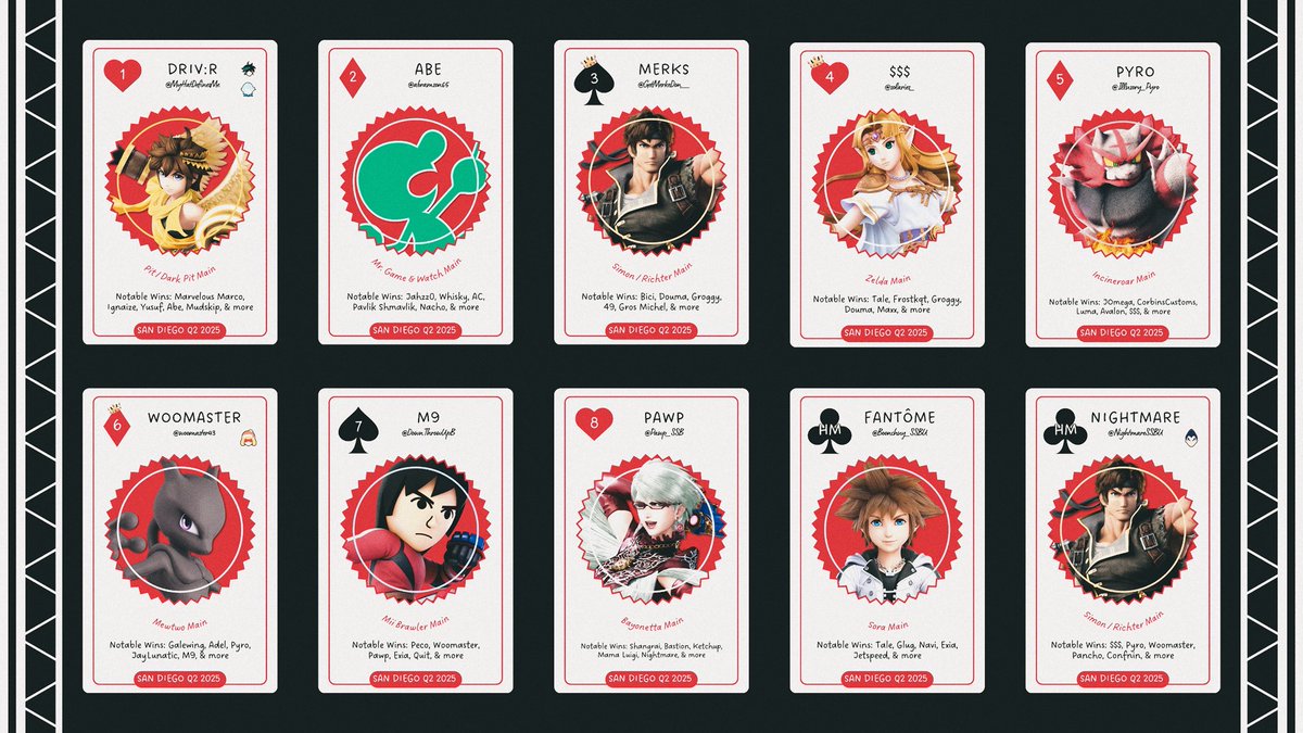 pick a card, any card ♠️♥️♣️♦️

here is your OFFICIAL san diego quarter 2 smash ultimate power rankings !!! 

special thanks to cody and the san diego PR team for trusting me with making this graphic, individual player cards coming soon!! ;)