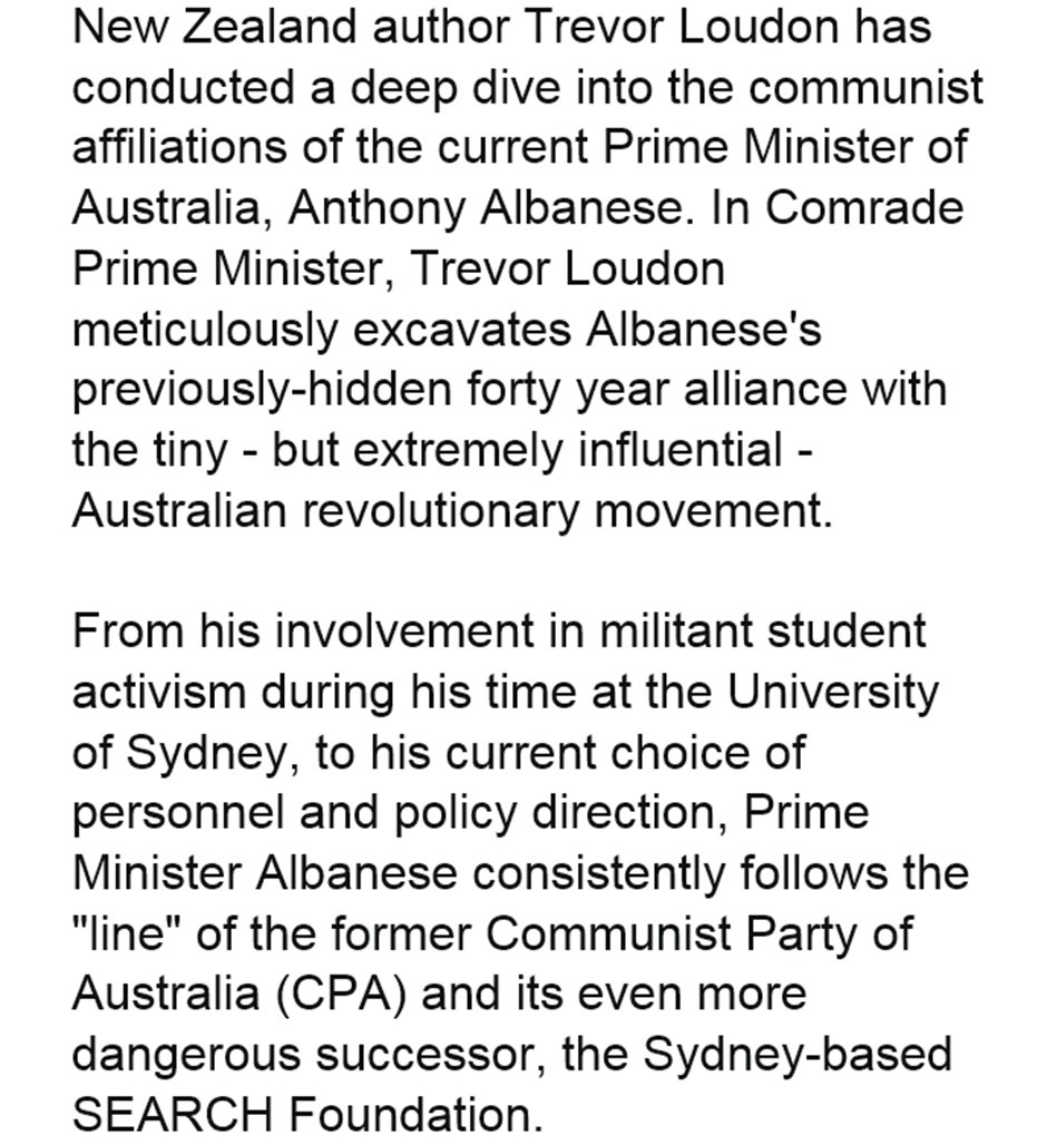 Mike77463289's tweet photo. @AlboMP #FuckOffCommie..............
"...author Trevor Loudon has conducted a deep dive into the communist affiliations of.....Anthony Albanese. In Comrade Prime Minister...forty year alliance with the...Albanese consistently follows...former Communist Party of Australia..." https://t.co/h5f1qa0Qer