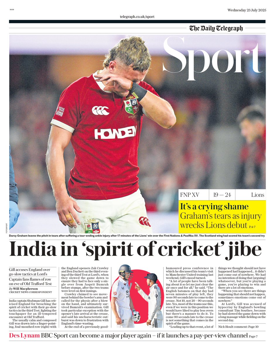 jacksurfleet's tweet image. Wednesday's DAILY TELEGRAPH SPORT: India in 'spirit of cricket' jibe
#TomorrowsPapersToday