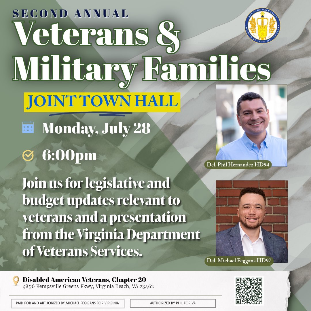 Join <a href="/MikeFeggans/">Delegate Michael Feggans</a> &amp; @PhilForVirginia for the 2nd Annual Veterans &amp; Military Families Joint Town Hall! Mon, July 28, 6 PM in #HD97 Hear updates, ask questions &amp; connect with the Virginia Department of Veterans Services! RSVP at: mobilize.us/michaelfeggans…