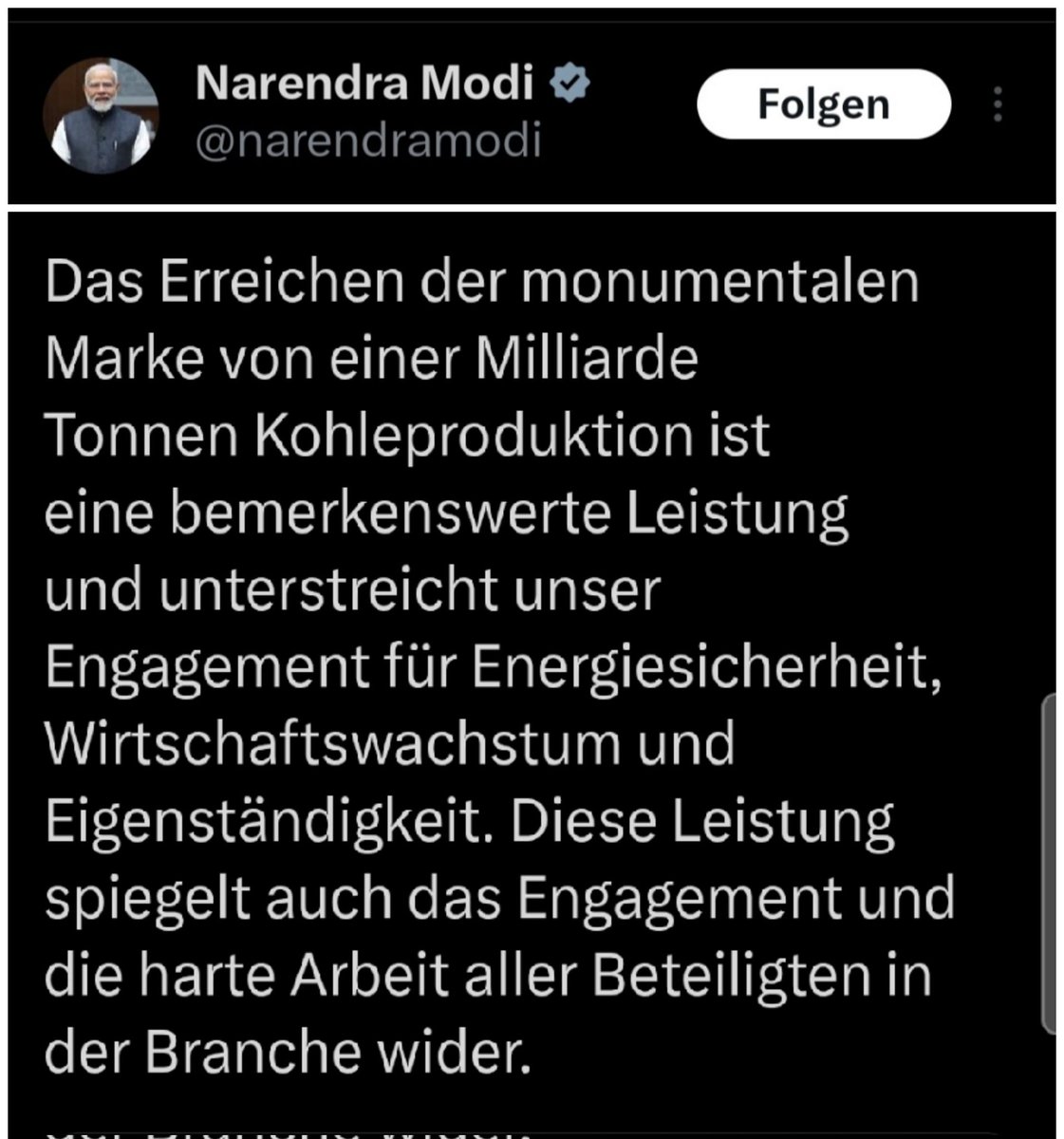 AliasMork's tweet image. Indiens Premierminister Narendra Modri postet stolz am 21.03.2025 den monumentalen Meilenstein von 1 Mrd Tonne Kohleproduktion, während Deutschland jährlich rd 1 Mrd € (!) Steuergelder an Indien zahlt u Kohle als Teufelswerk verbannt. Genau mein Humor 😂